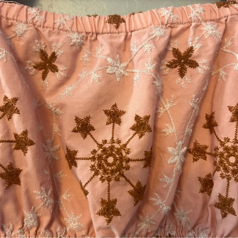 Zara women's coral peach floral embroidered cropped puff sleeve blouse size xs